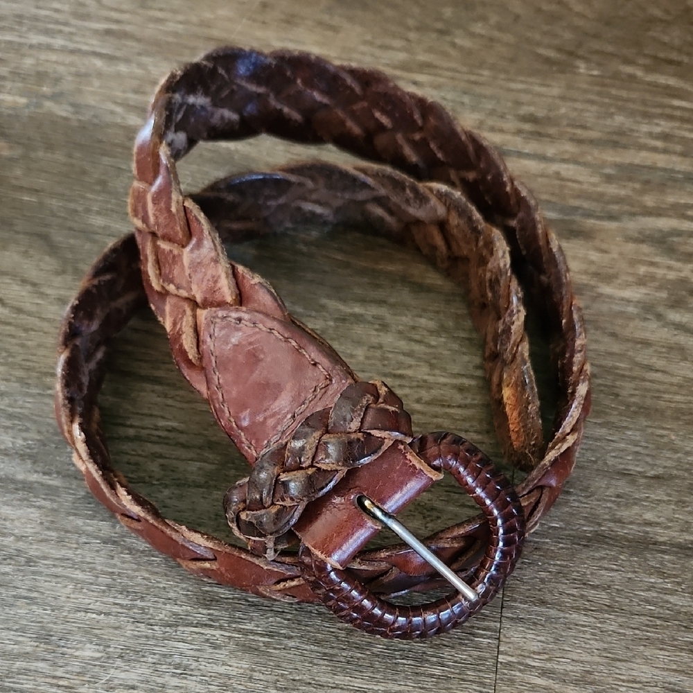 Vintage Mulberry Made in England Brown Braided Woven Leather Belt XS Boho 33"